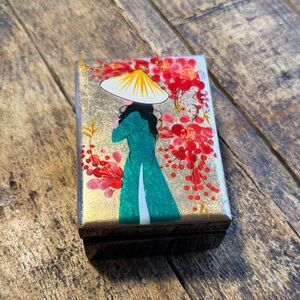 Vintage Vietnamese Floral Decorative Trinket Box with Woman in Green Dress